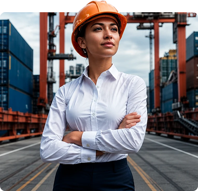 Profesional de comercio exterior en un patio de contenedores
